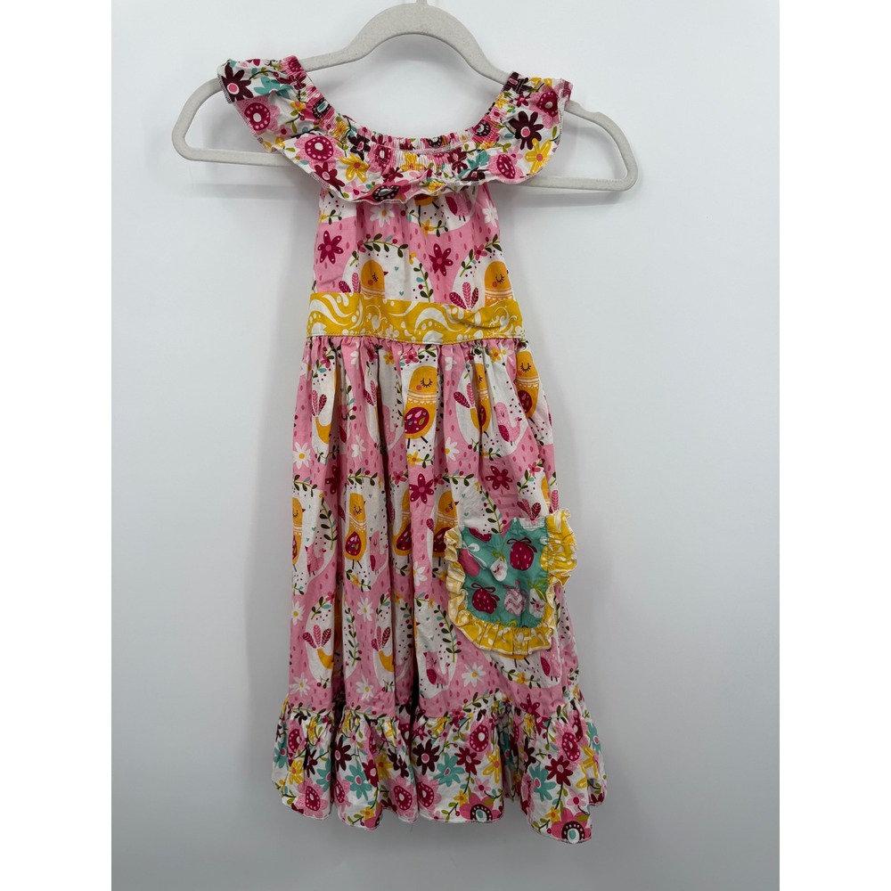 Jelly theā Pug Sweet Peep Garden Dress Kids 7 Pink Floral Bird Ruffle Cotton